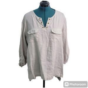 Ellen Tracy Linen Top High-lo V Neck Solid Cream W Front Pockets Lagenlook XXL